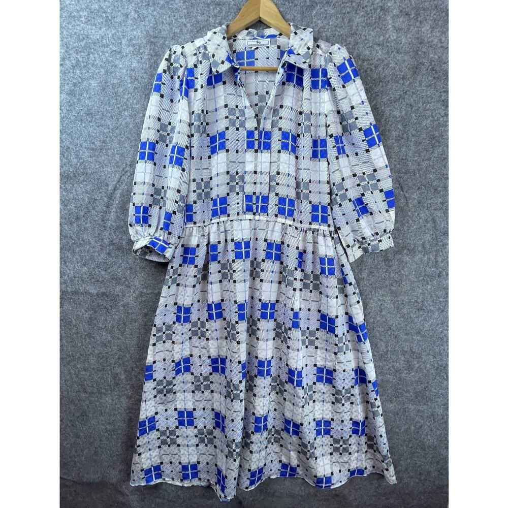 Vtg Jonathan Martin Dress Womens 9/10 White Blue Plaid Sheer Flowy Lightweight